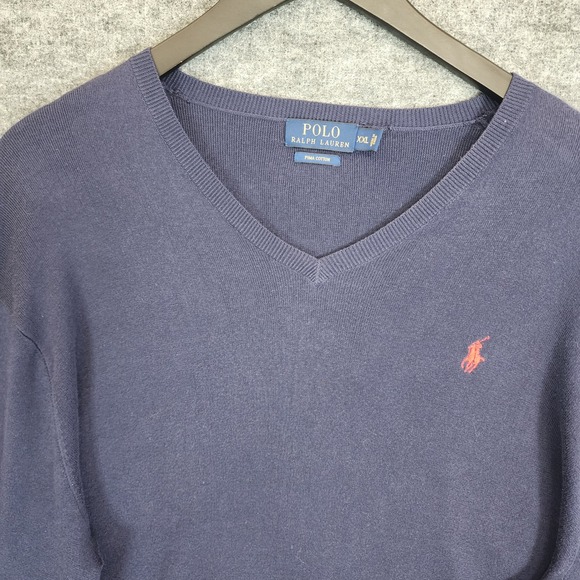 Polo Ralph Lauren Mens XXL‎ V Neck Sweater Blue Pima Cotton Jumper Knitwear - Picture 2 of 7